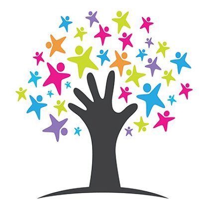 graphic of a tree with hand as trunk and cartoon people as leaves