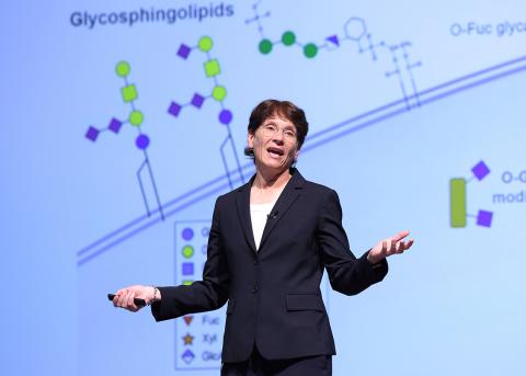 Bertozzi gestures as she speaks to her audience.