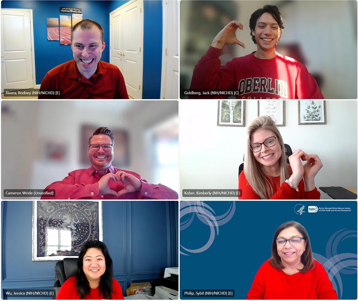 Six NIH'ers on video wearing red, some holding their hands in shape of a heart