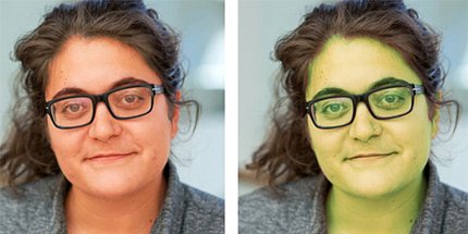 two faces, one tinted red and the other green Two faces, one tinted red and the other tinted green.