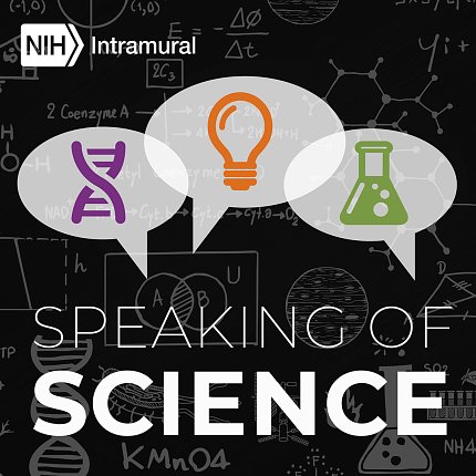 Social media graphic for Speaking of Science podcast Graphic showing double helix, light bulb and beaker in individual cartoon talk bubbles